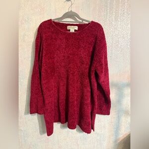 Jones New York Deep Red Crew Neck Slit Side Sweater, Casual, Cozy, Oversized, Lg